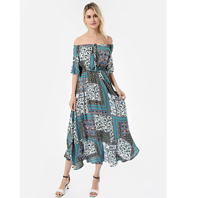 Beth Dutton Bohemian Dress Summer Spring Midi Dresses Printed Dress Lace-up Waist Evening Dress
