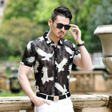 Transparent Shirt for Men Short Sleeve Shirt Slim Hollow out Printed Shirt