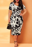 Women Plus Size Midi Dresses Short Sleeve Slim-Fit Printed Bodycon One-Step Dress