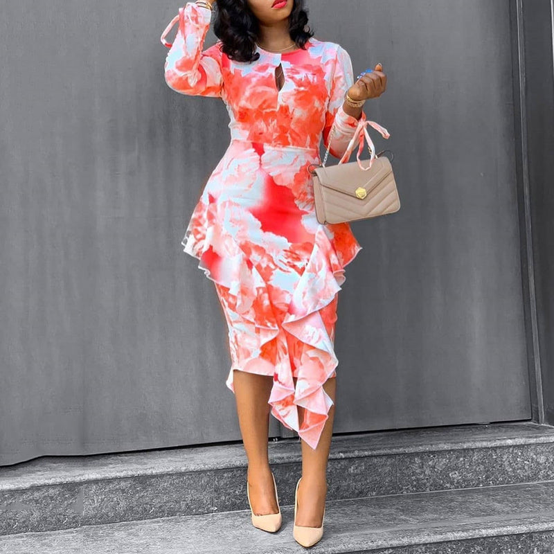 Women Plus Size Midi Dresses Printed Ruffled Bodycon One-Step Dress