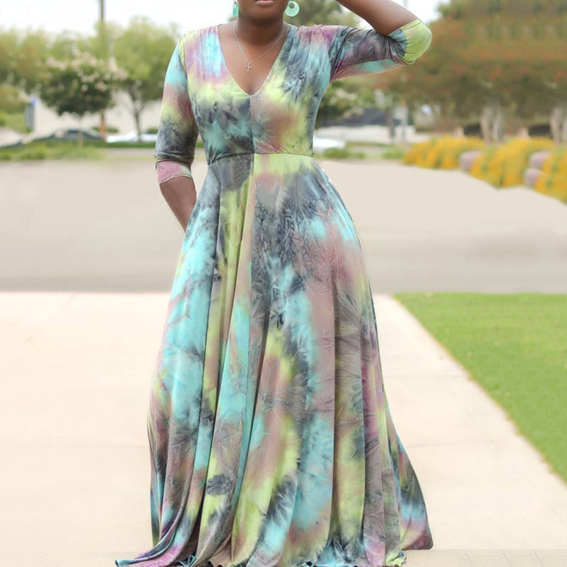 Women Plus Size Maxi Dresses Printed Sexy V-neck Swing Dress