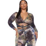 Women Plus Size Co-Ords Tie-Dye Printed Lace Up Sexy Tight Two-Piece Set