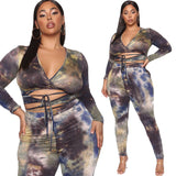 Women Plus Size Co-Ords Tie-Dye Printed Lace Up Sexy Tight Two-Piece Set