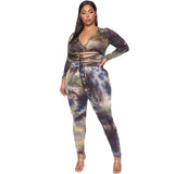 Women Plus Size Co-Ords Tie-Dye Printed Lace Up Sexy Tight Two-Piece Set