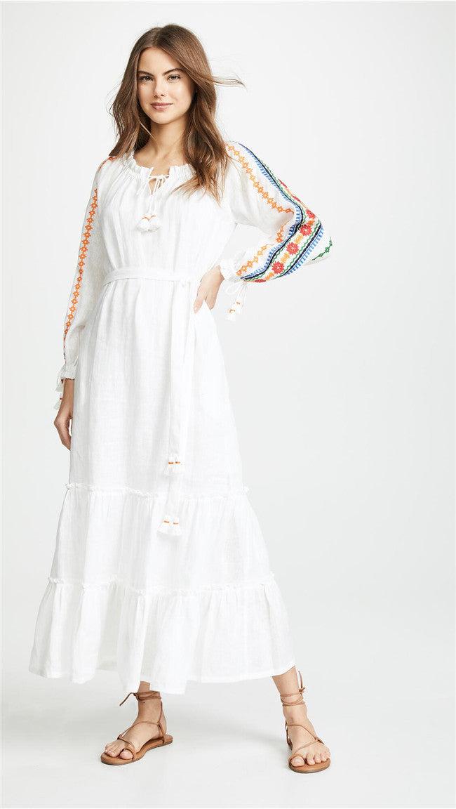 Embroidered Floral Lace-up Long Sleeve Dress