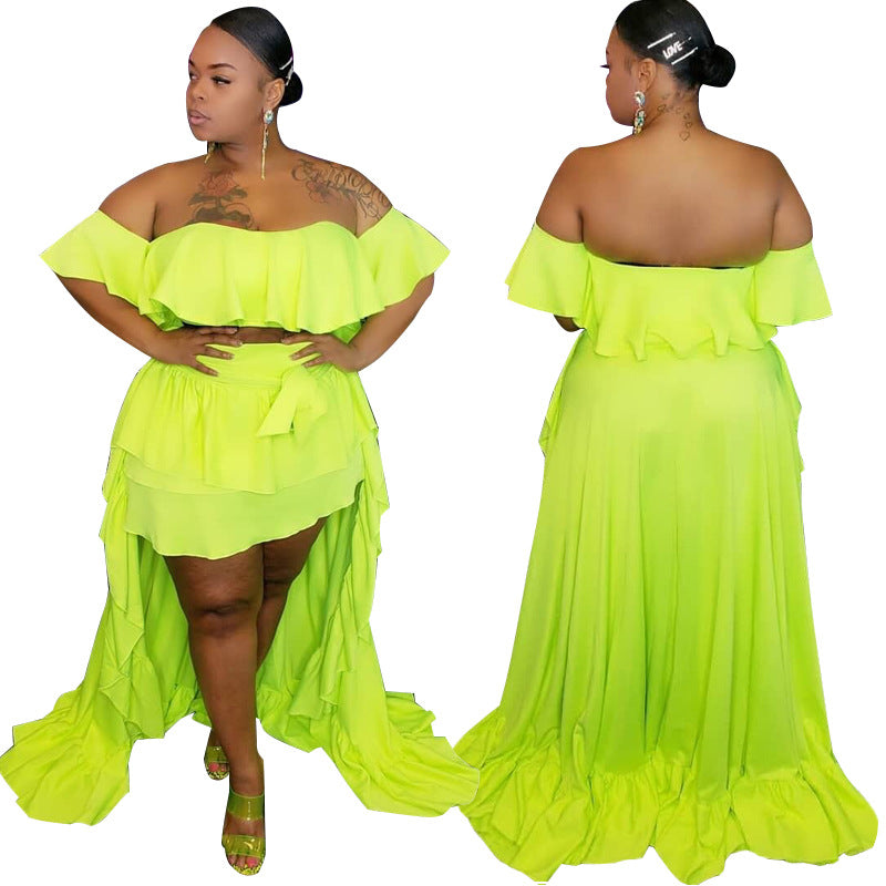 Women Plus Size Midi Dresses Ruffled Off-Shoulder Top Front Short Back Long Trailing Dress Two-Piece Set