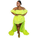 Women Plus Size Midi Dresses Ruffled Off-Shoulder Top Front Short Back Long Trailing Dress Two-Piece Set