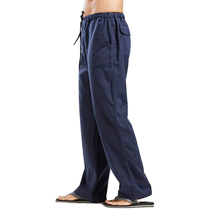 Linen Pants Straight Leg Pants Drawstring Lightweight Elastic Beach Pants Men's Casual Trousers with Pockets Men's Linen Large Size Pocket Trousers