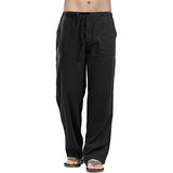 Linen Pants Straight Leg Pants Drawstring Lightweight Elastic Beach Pants Men's Casual Trousers with Pockets Men's Linen Large Size Pocket Trousers