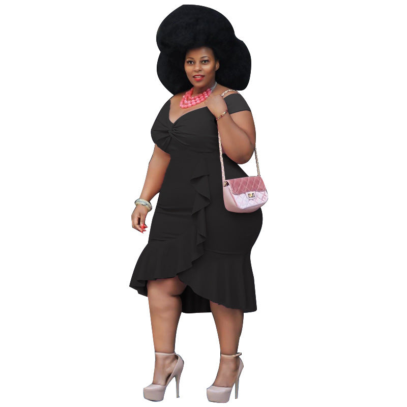 Women Plus Size Midi Dresses Off-Shoulder Ruffled Sexy Deep V Dress