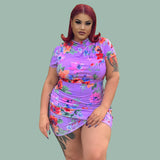 Women Plus Size Mini Dresses Printed Pleated Skinny Sheath Sexy Dress