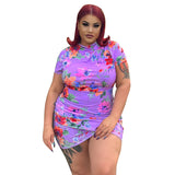 Women Plus Size Mini Dresses Printed Pleated Skinny Sheath Sexy Dress