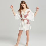 Women Dresses Bohemian Cotton and Linen Embroidered V-neck Embroidered Dress