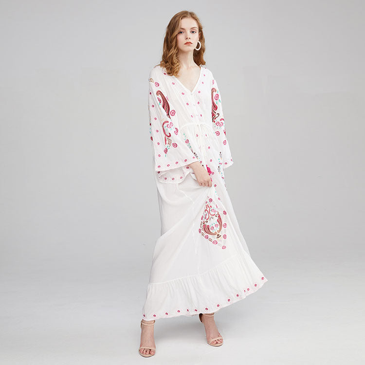 Womne Dresses Flower Embroidered V-neck Dress