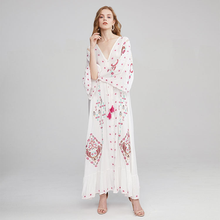 Womne Dresses Flower Embroidered V-neck Dress