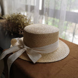 Straw Hat Raffia Straw Hat Flat Top Bow Sunhat