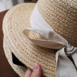 Straw Hat Raffia Straw Hat Flat Top Bow Sunhat