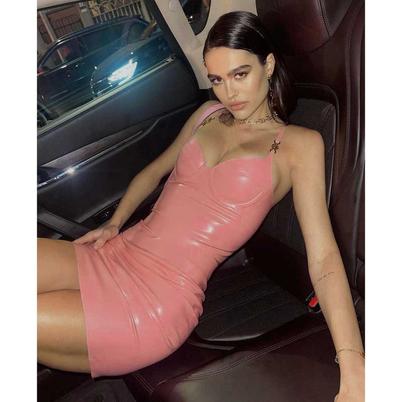 Emily Ratajkowski Dress PU Leather Slip Dress Two-Piece Set