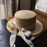 Straw Hat Raffia Straw Hat Flat Top Bow Sunhat