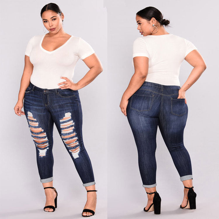 Women Plus Size Jeans Fashion Ripped  Denim Skinny Pants