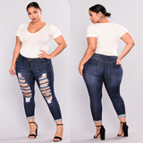 Women Plus Size Jeans Fashion Ripped  Denim Skinny Pants