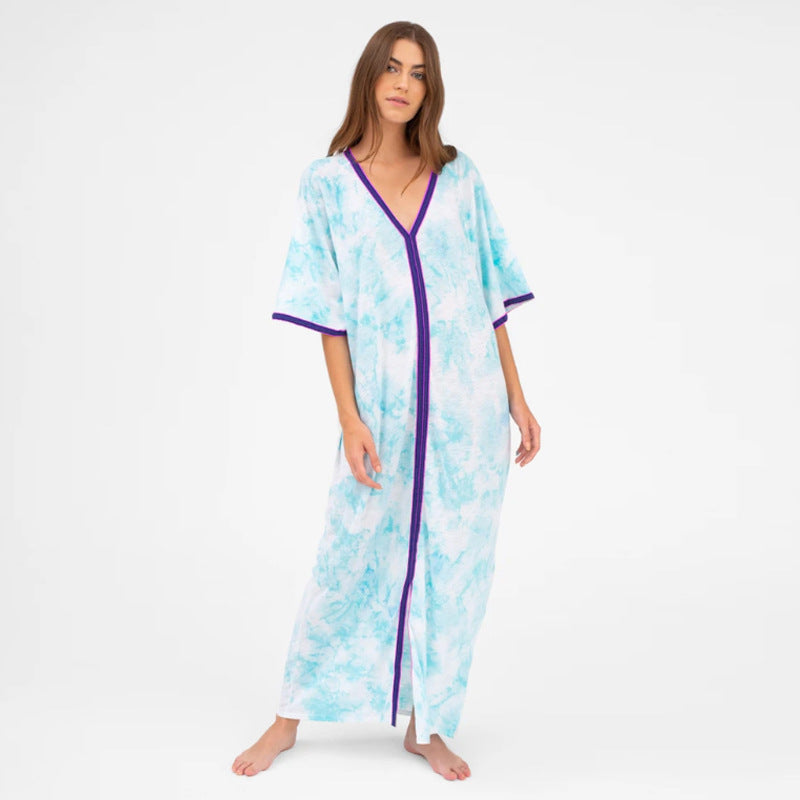 Women Plus Size Dressesv Collar Printing Seaside Holiday Dress