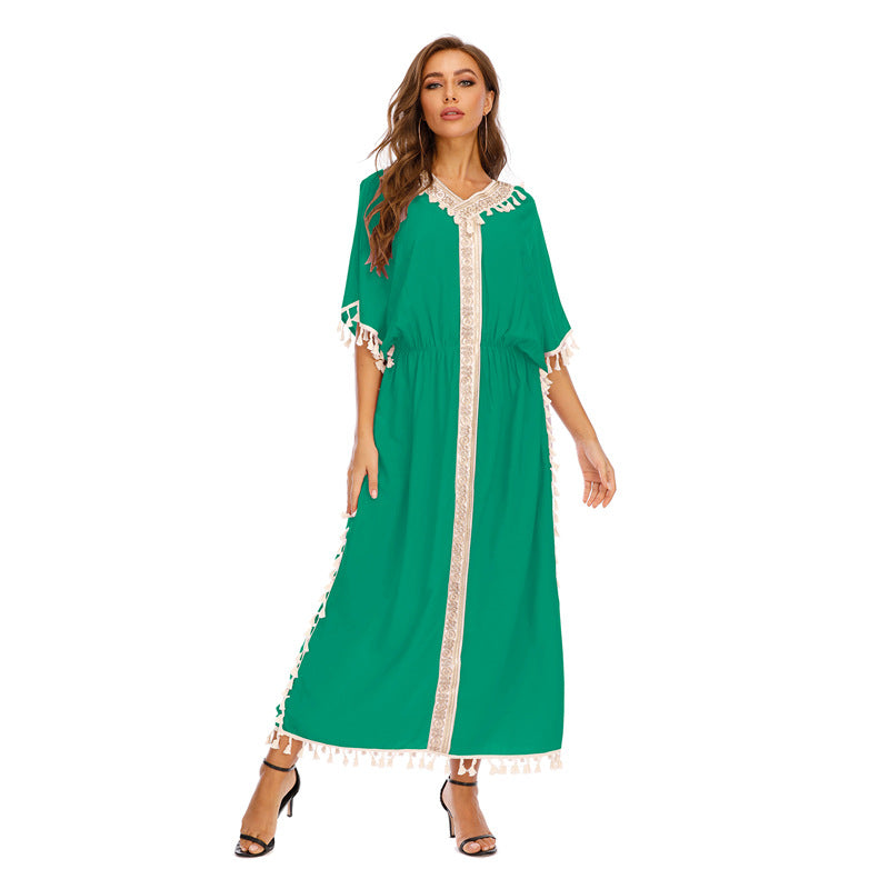 Women Plus Size Dresses Embroidered Tassel Loose Dress