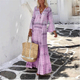Beth Dutton Bohemian Dress Winter Autumn Midi Dresses Flared Sleeve Geometric Printed Maxi Dress