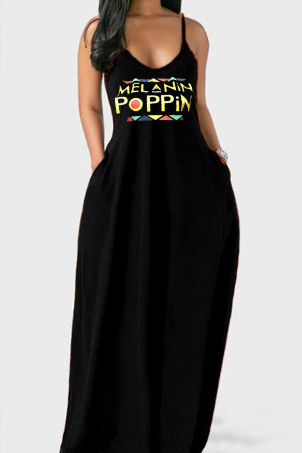 Women Plus Size Maxi Dresses Lip Printings Sexy Deep V Suspender Dress