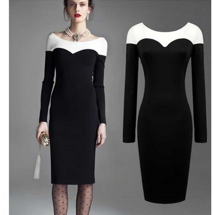 Women Plus Size Midi Dresses Black and White Stitching Bodycon Slim Retro Long Sleeve Dress