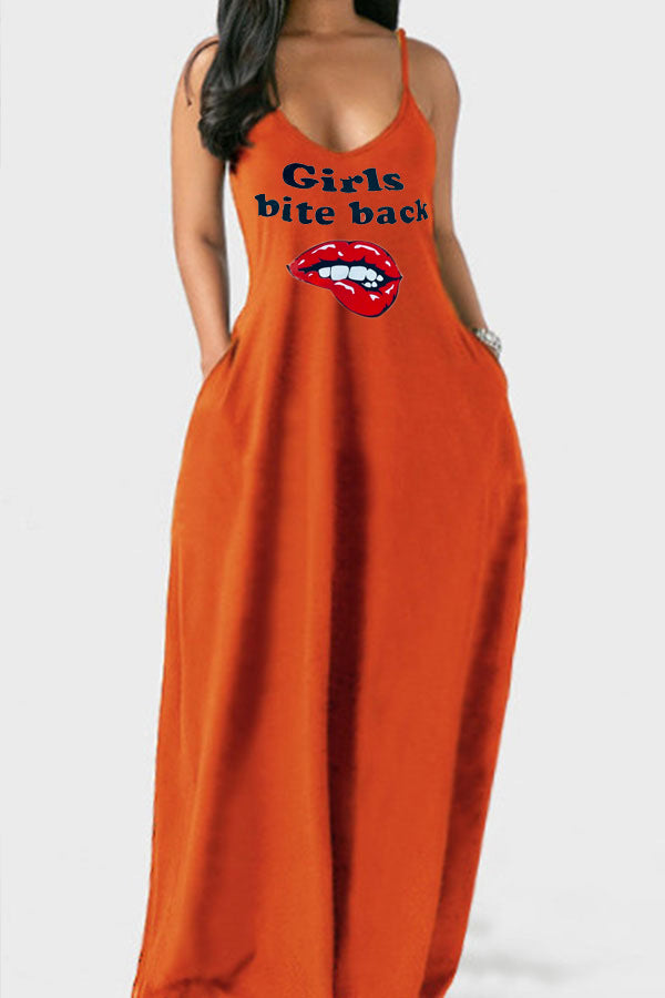 Women Plus Size Maxi Dresses Lip Printings Sexy Deep V Suspender Dress