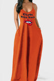 Women Plus Size Maxi Dresses Lip Printings Sexy Deep V Suspender Dress
