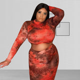 Women Plus Size Co-Ords Tie-Dye Printed Tight Bodycon Sexy Two-Piece Suit