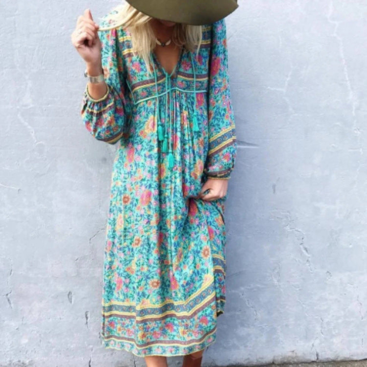 Beth Dutton Bohemian Dress Winter Autumn Midi Dresses Printed Ethnic Dress Beach Dress