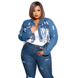 Women Plus Size Jackets Ripped Washed Tassel Backless Sexy Denim Jacket