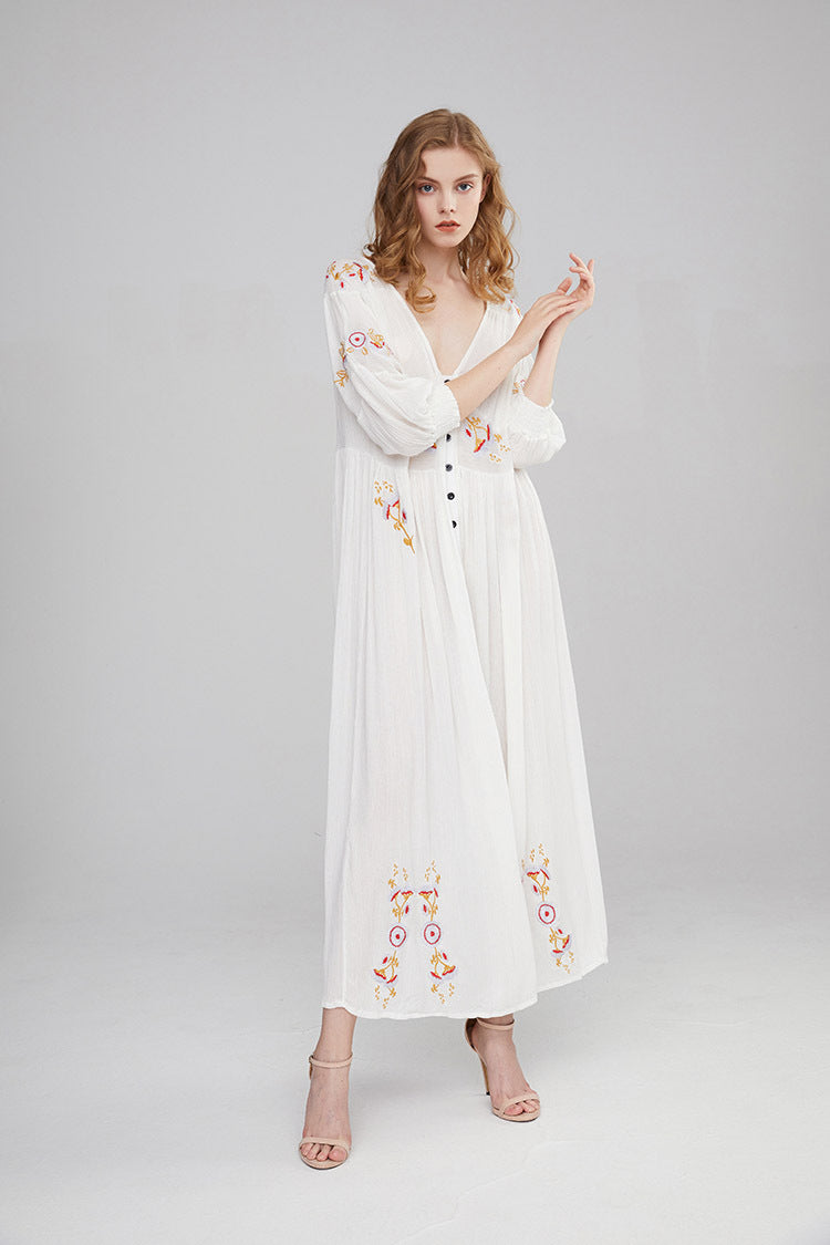 Embroidered Flower V-neck Fashion Dress