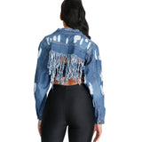 Women Plus Size Jackets Ripped Washed Tassel Backless Sexy Denim Jacket