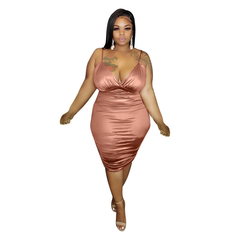 Women Plus Size Midi Dresses V-neck Lace Up Tight Sexy Dress