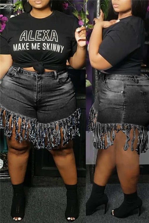 Women Plus Size Denim Shorts Tassel Baggy Denim Shorts