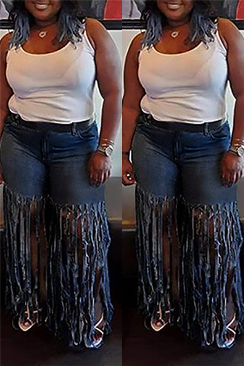 Women Plus Size Jeans Tassel Denim Shorts Casual Straight Pants
