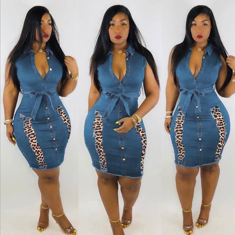 Women Plus Size Dresses Slim Denim Leopard Dress