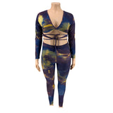 Women Plus Size Co-Ords Tie-Dye Printed Lace Up Sexy Tight Two-Piece Set