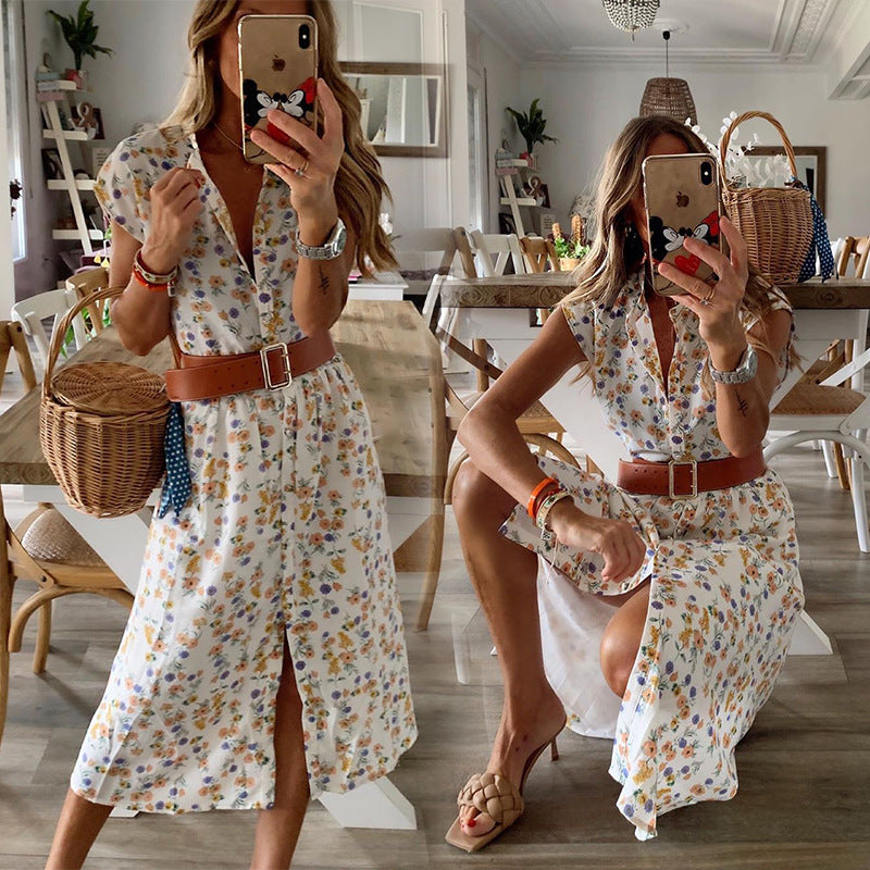 Women Bohemian Dress Summer Stand Collar Loose Sleeveless Printed Pastoral Style Midi Dress