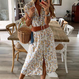 Women Bohemian Dress Summer Stand Collar Loose Sleeveless Printed Pastoral Style Midi Dress