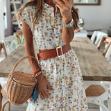 Women Bohemian Dress Summer Stand Collar Loose Sleeveless Printed Pastoral Style Midi Dress
