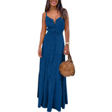 Women Bohemian Dress Spring/Summer Button Sexy V-neck Strap Dress