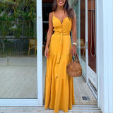 Women Bohemian Dress Spring/Summer Button Sexy V-neck Strap Dress