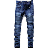J Shaped Jeans Men's Jeans Motorcycle Pleated Ripped Stretch Trousers