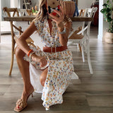 Women Bohemian Dress Summer Stand Collar Loose Sleeveless Printed Pastoral Style Midi Dress