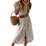 Women Bohemian Dress Summer Stand Collar Loose Sleeveless Printed Pastoral Style Midi Dress